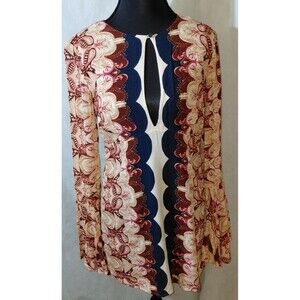 Free People Tunic Top Womens 2 Multicolor Paisley Boho Keyhole Neck Bell Sleeve